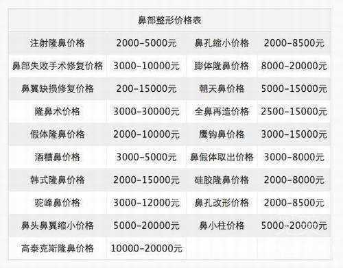 全国鼻部整形价格表